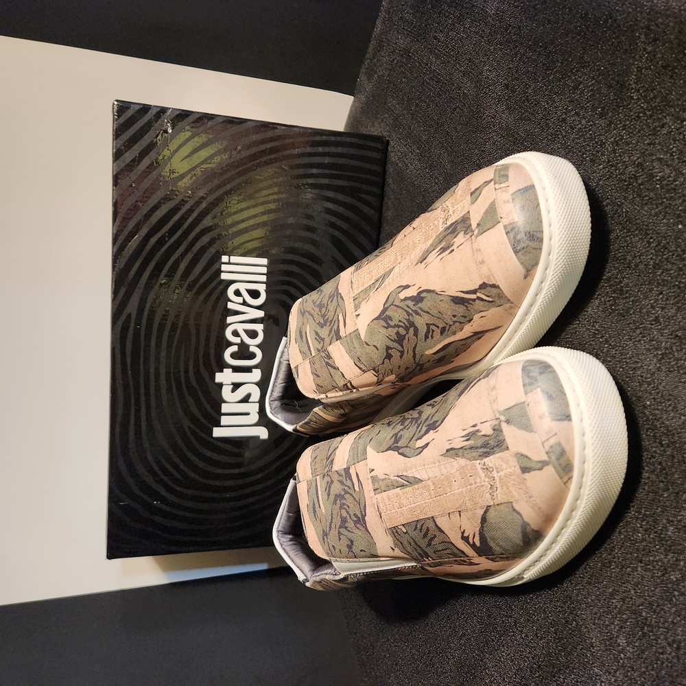 Just Cavalli Tan Slip-On Sneakers Artistic Design
